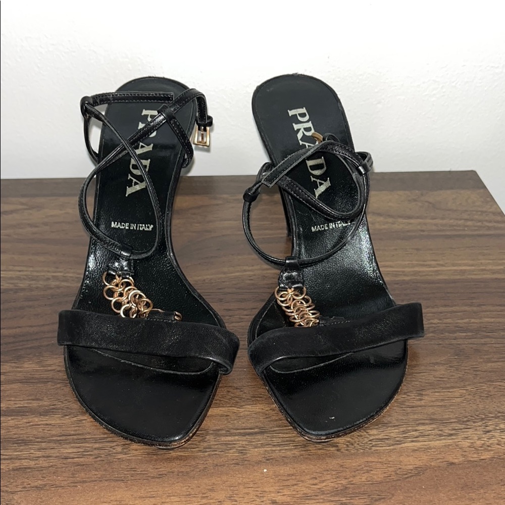 Prada Vintage Black Heels with Gold chain and Ankle Strap